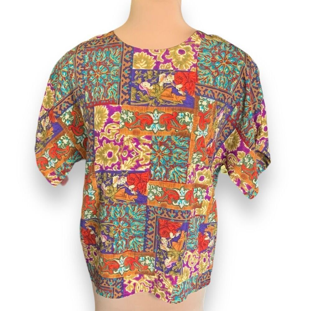 Vintage Top Multicolor Patchwork Dark Floral Print Floral Artsy Boho Statement